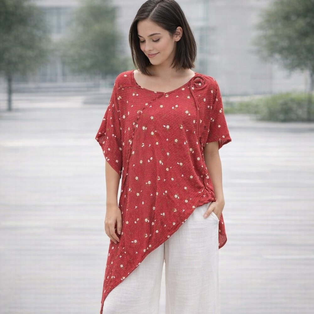 Art To Wear Tunic Top Womens Large Red Hand painted Daisys Drapey Gauze